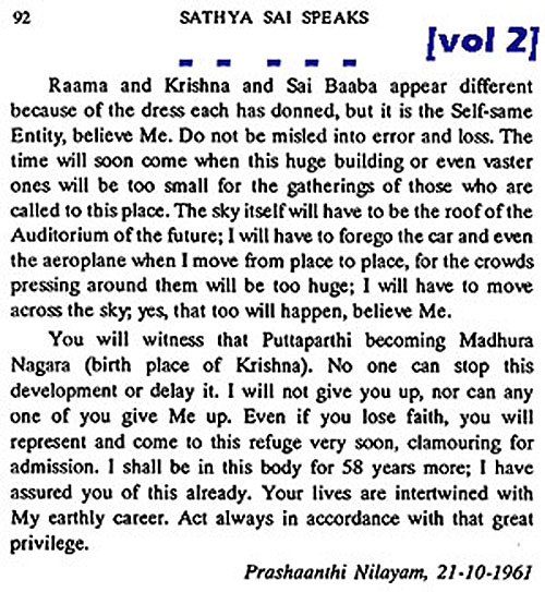 Sai Baba predicts he will fly through the sky and live to his 90s